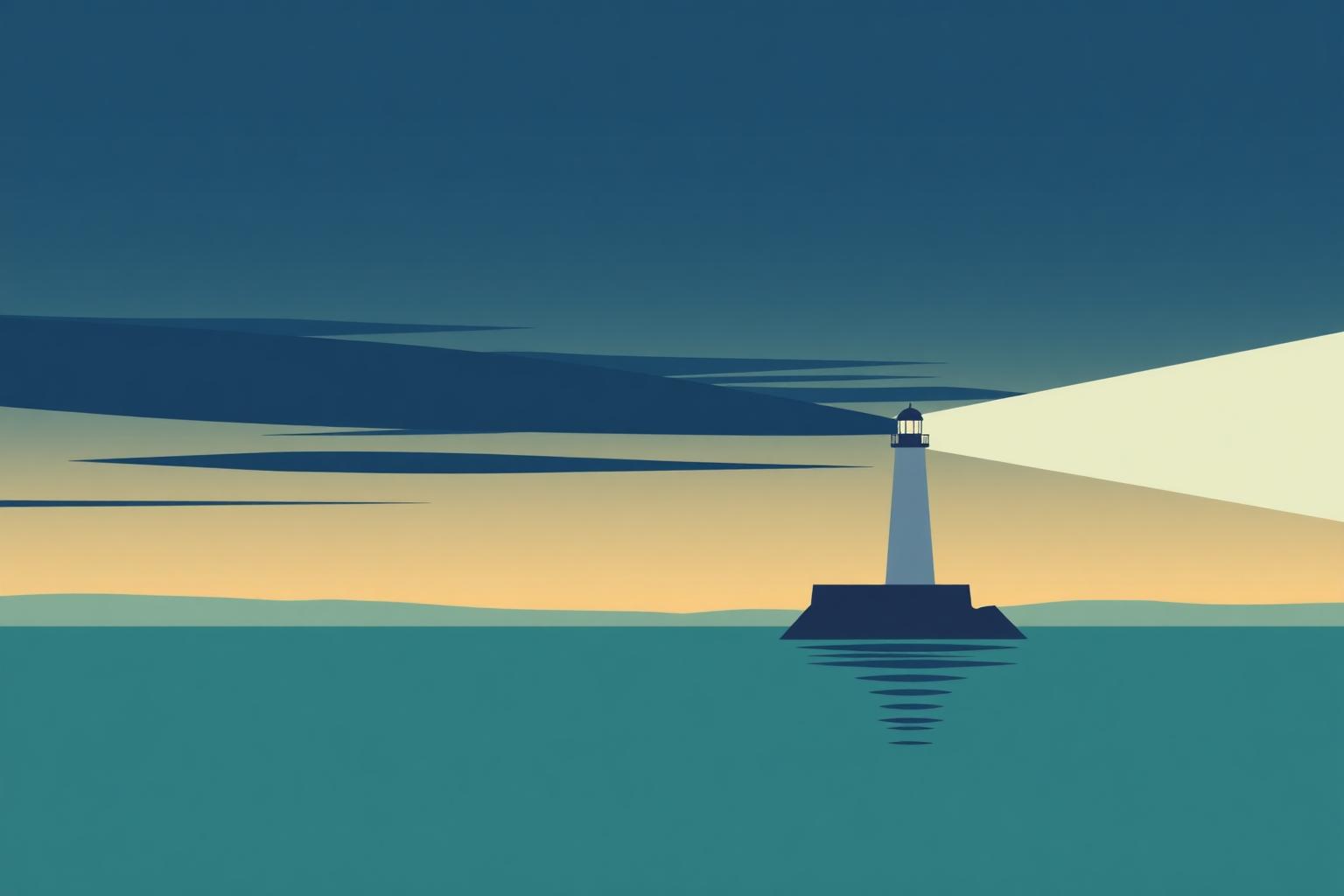 Illustrated lighthouse directing a beam across water.