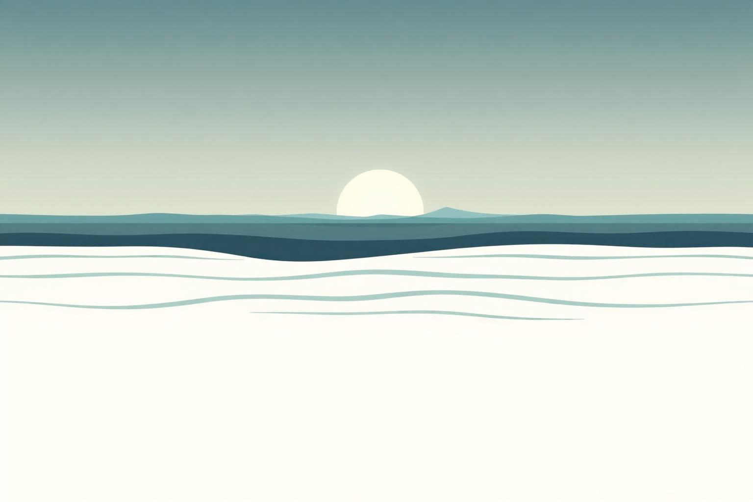 Illustrated horizon above calm water.