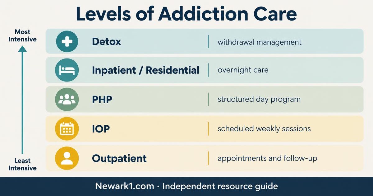 Levels of addiction care. An illustrated summary; the full text follows.